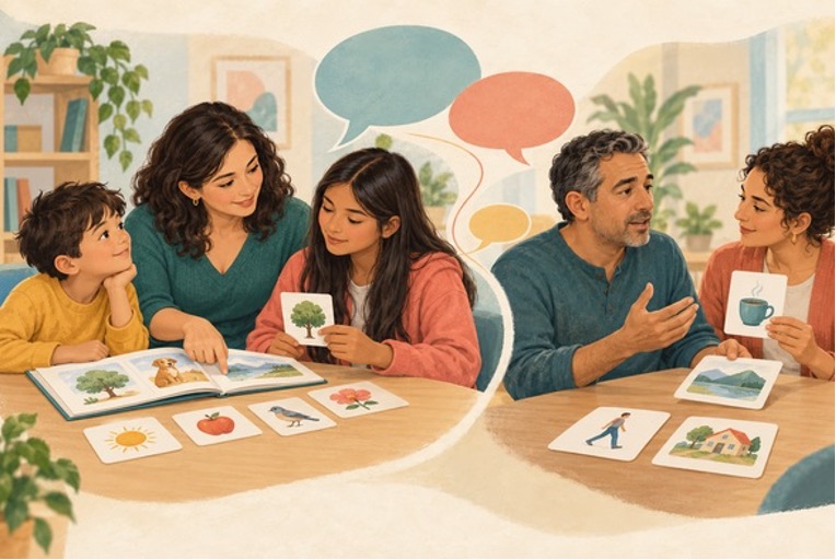 Ilustración de apoyo a la lectura y el habla en niños y adolescentes, y comunicación asistida en un adulto.